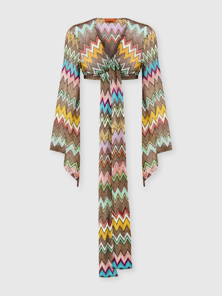 Cache-c&oelig;ur &agrave; manches longues en viscose lam&eacute; avec grand motif zigzag, Noir & Multicolore - MS25SK04BR014KSM9YK