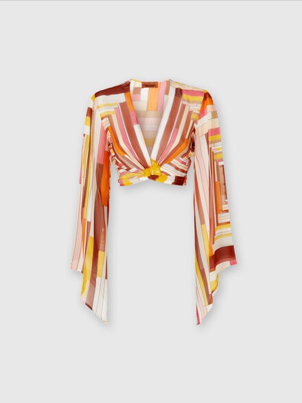 Crop top in seta stampata con maniche ampie e nodo frontale, Multicolore  - MS25SK04BW00USS80CW