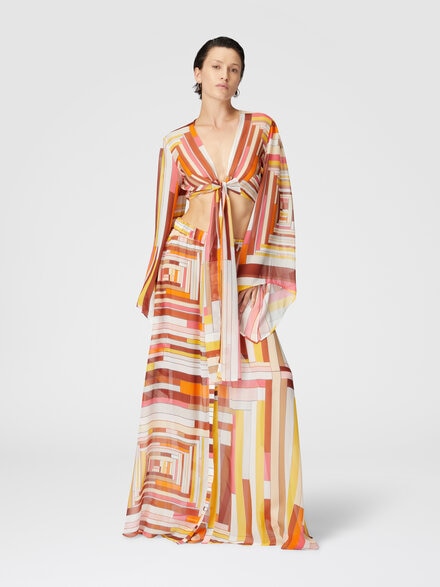 Printed silk crop top with wide sleeves and front knot, Multicoloured  - MS25SK04BW00USS80CW