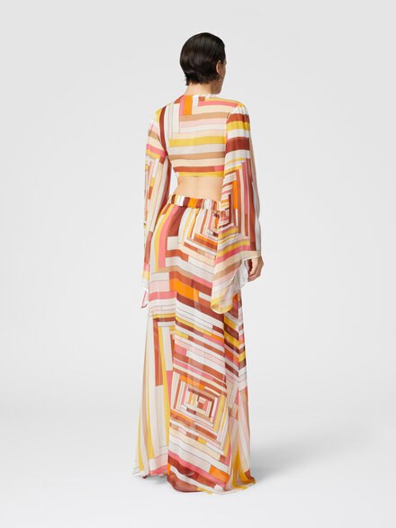 Printed silk crop top with wide sleeves and front knot, Multicoloured  - MS25SK04BW00USS80CW