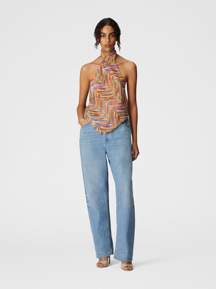 Sleeveless turtleneck top in printed cotton and silk blend, Multicoloured  - MS25SK06BW00UUSM9N1