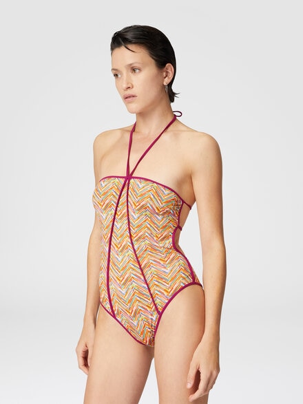 Reversible one-piece swimsuit with print and contrasting piping, Multicoloured  - MS25SP04BJ00LHSM9MZ