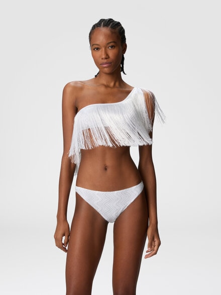 One-shoulder zigzag lamé viscose bikini with fringes, Silver - MS25SP07BR00ZXS01FJ
