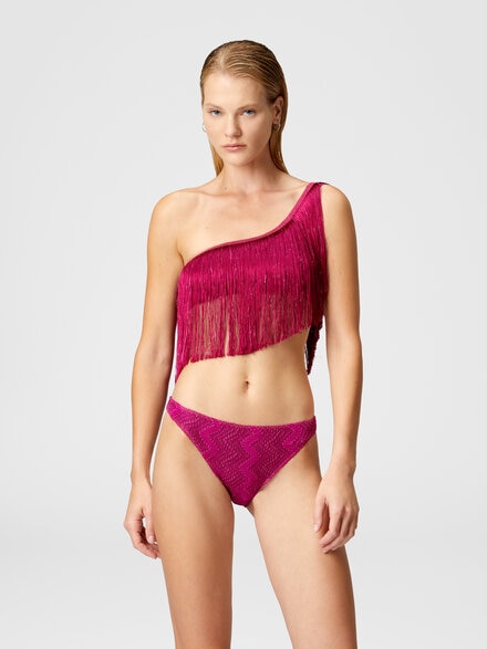 One-shoulder zigzag lamé viscose bikini with fringes, Purple  - MS25SP07BR00ZXS5074