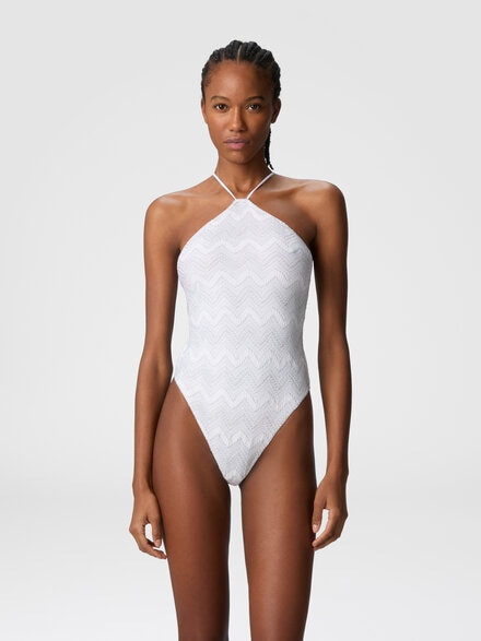 Zig zag lamé viscose one-piece swimsuit with halter neck, Silver - MS25SP08BR00ZXS01FJ