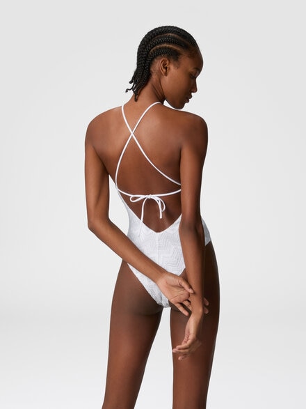 Zig zag lamé viscose one-piece swimsuit with halter neck, Silver - MS25SP08BR00ZXS01FJ