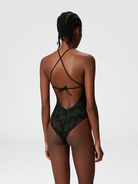 Zig zag lamé viscose one-piece swimsuit with halter neck, Black & Lamé - MS25SP08BR00ZXS91N1
