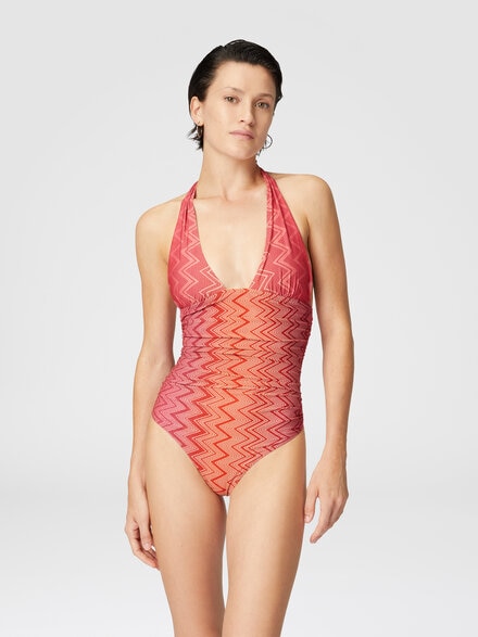 One-piece swimsuit in stretch nylon zig zag lamé, Red  - MS25SP0CBJ00LIS416I