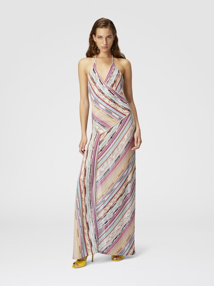 Long dress in lamé slub viscose with slit, Multicoloured  - MS25SQ03BR00ZZSM9L1