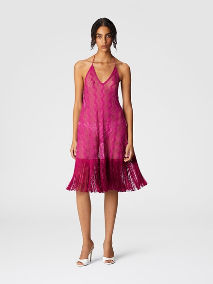 Cover-up dress in zig zag lamé viscose with fringes, Purple  - MS25SQ0DBR00ZXS5074