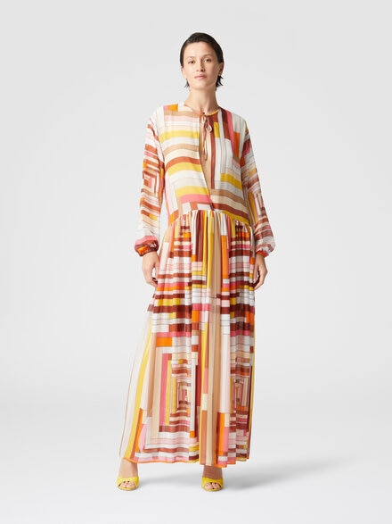 Long cover-up dress in printed silk with long sleeves, Multicoloured  - MS25SQ0EBW00USS80CW