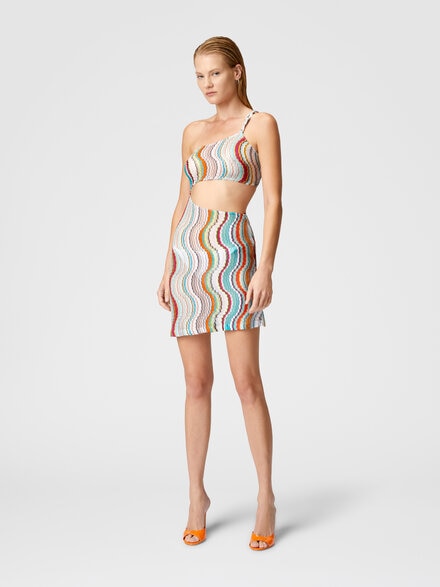 Short one-shoulder cover-up dress with lamé wave motif, Multicoloured  - MS25SQ0JBR0100SM9L0