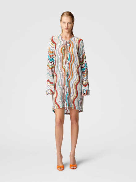 Long-sleeved cover-up kaftan with lamé wave motif, Multicoloured  - MS25SQ0KBR0100SM9L0