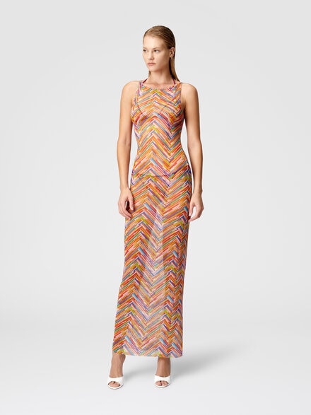 Long sleeveless dress in printed tulle, Multicoloured  - MS25SQ0TBJ00NASM9N1