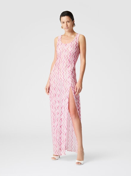 Vestido largo encubierto en mezcla flameada de viscosa en zigzag, Blanco &  Rosa - MS25SQ0UBJ00NBS30EV