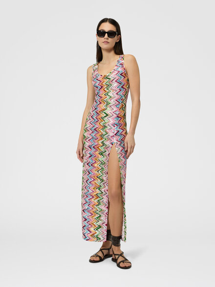 Robe de plage longue en viscose stretch &agrave; motif dentelle et zigzag, Multicolore  - MS25SQ0UBJ00QLSM9Z9