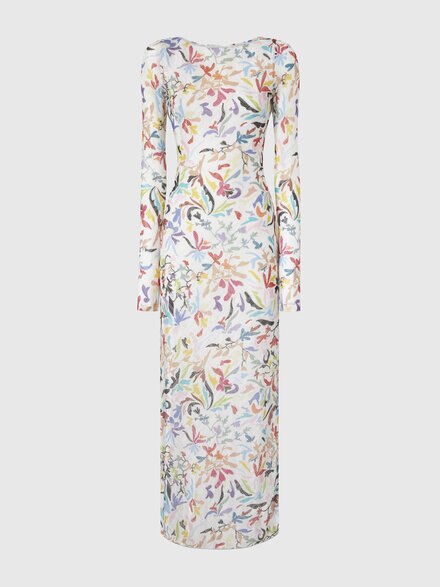 Long-sleeved dress in printed tulle with ramage pattern, White & Multicoloured - MS25SQ14BR014LSM9Z4