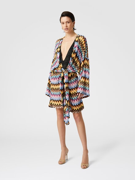 Abrigo kimono de encaje de viscosa lamé con cinturón, Multicolor  - MS25SQ15BR0000S91NA