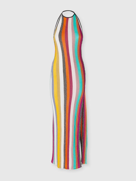Vestido largo de punto acanalado a rayas lamé, Multicolor  - MS25SQ18BT0092SM9MU