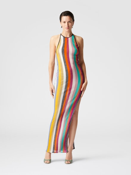 Long dress in striped ribbed knit lamé, Multicoloured  - MS25SQ18BT0092SM9MU