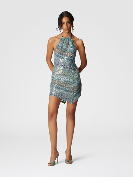 Short asymmetrical cover-up dress in zig zag lamé viscose with sequins, Multicoloured  - MS25SQ1CBR011YSM9O9