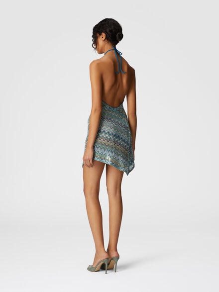 Short asymmetrical cover-up dress in zig zag lamé viscose with sequins, Multicoloured  - MS25SQ1CBR011YSM9O9