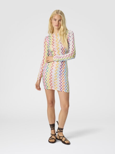 Short Cover-Up Dress in Viscose and Lamé with Long Sleeves, Multicoloured  - MS25SQ1OBR012RSM9QI