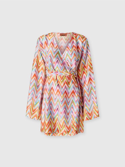 Kimono corto con cintura in twill stampato, Multicolore  - MS25SQ23BW00XVSM9QZ