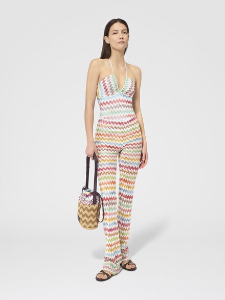 Pantalones acampanados en viscosa lam&eacute; con micro zigzag, Blanco & Multicolor - MS26SI02BR014JSM9X3