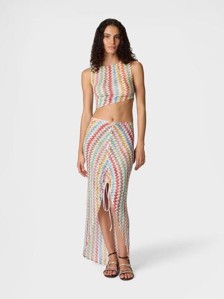 Crop top in lam&eacute; viscose with micro zigzag pattern, White & Multicoloured - MS26SK03BR014JSM9X3