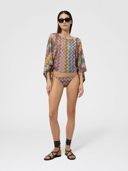 Long-sleeved top in lam&eacute; viscose with macro zigzag pattern, Black & Multicoloured - MS26SK06BR014KSM9YK