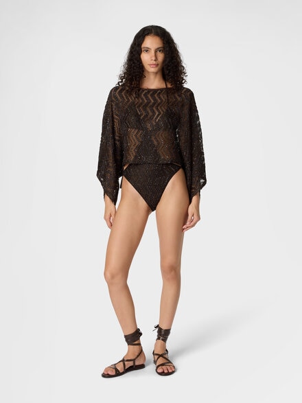 Top en résille à motif zigzag avec paillettes et manches amples, Brun - MS26SK06BV00ITS80EQ