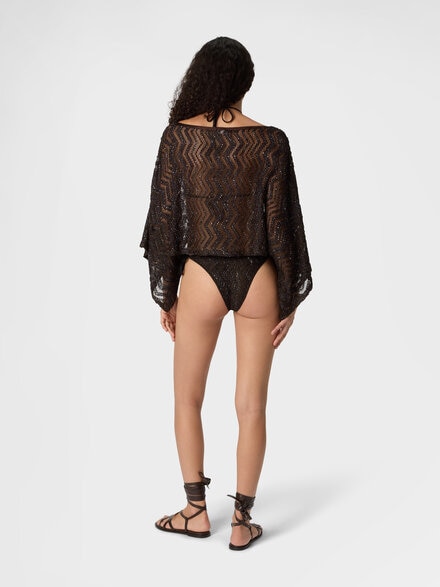 Top en résille à motif zigzag avec paillettes et manches amples, Brun - MS26SK06BV00ITS80EQ