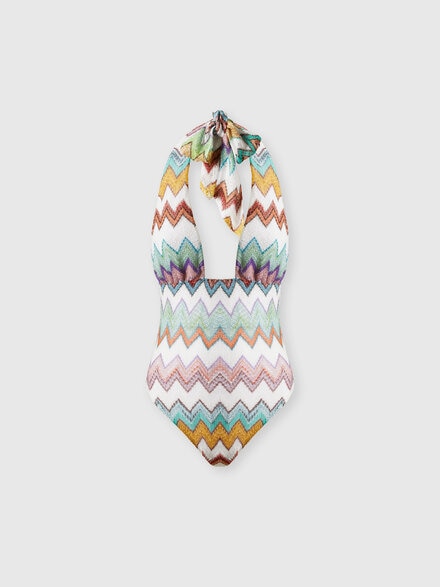 One-piece swimsuit in lam&eacute; viscose with macro zigzag and deep neckline, White & Multicoloured - MS26SP08BR014KSM9X5