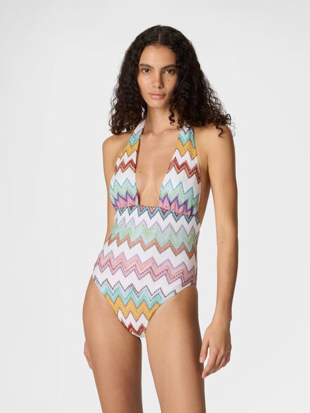 One-piece swimsuit in lam&eacute; viscose with macro zigzag and deep neckline, White & Multicoloured - MS26SP08BR014KSM9X5