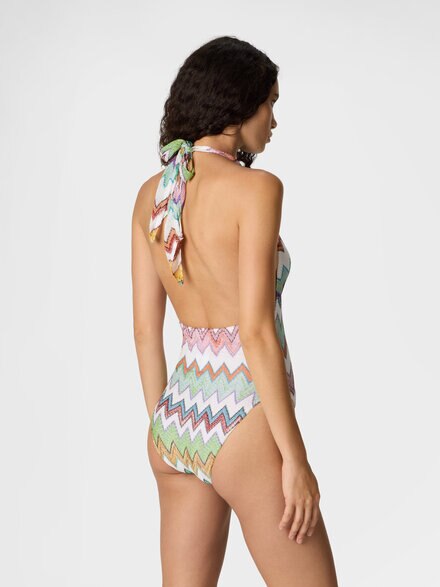 One-piece swimsuit in lam&eacute; viscose with macro zigzag and deep neckline, White & Multicoloured - MS26SP08BR014KSM9X5