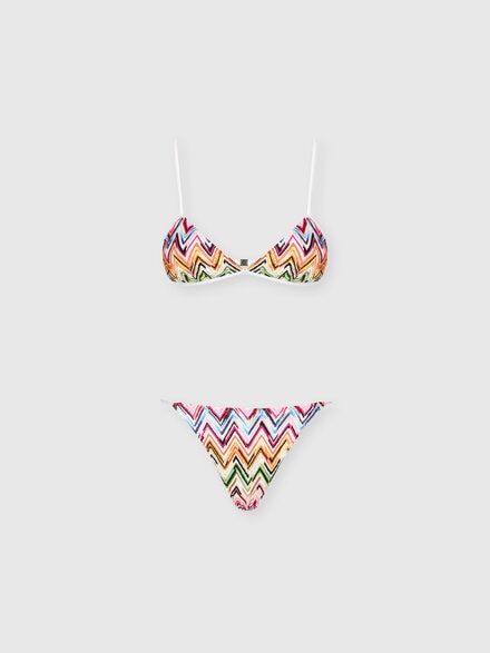 Bikini in stretch viscose with lace and zigzag motif and contrast ties, Multicoloured  - MS26SP0ABJ00QLSM9Z9