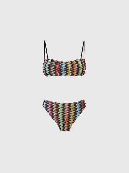 Bikini in viscosa lam&eacute; con micro zig zag con slip a vita alta, Nero & Multicolore - MS26SP0GBR014JSM9YL