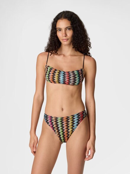 Bikini in viscosa lam&eacute; con micro zig zag con slip a vita alta, Nero & Multicolore - MS26SP0GBR014JSM9YL