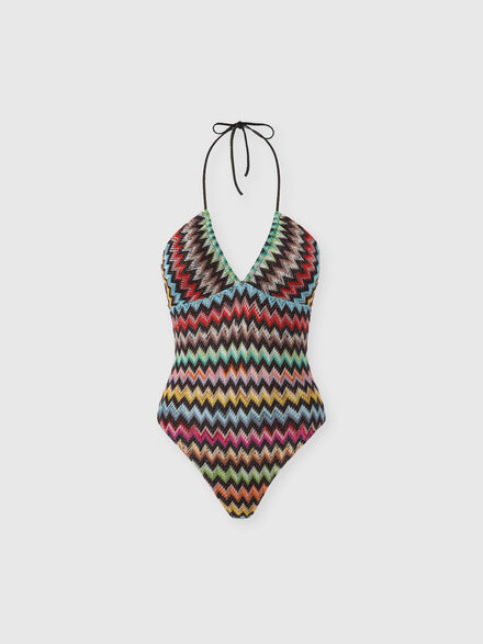 One-piece swimsuit in lam&eacute; viscose with micro zigzag pattern, Black & Multicoloured - MS26SP0HBR014JSM9YL