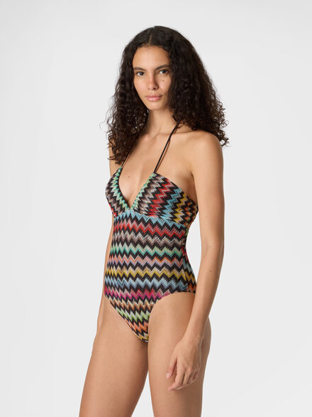 One-piece swimsuit in lam&eacute; viscose with micro zigzag pattern, Black & Multicoloured - MS26SP0HBR014JSM9YL
