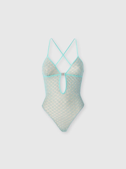 One-piece swimsuit in lamé viscose with spiderweb motif, Light Blue - MS26SP0LBR014DS615Z