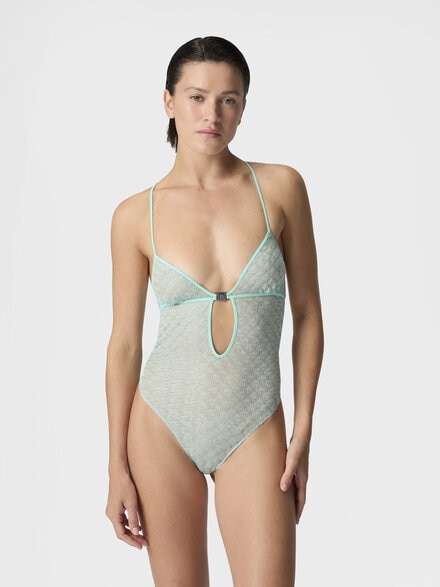 One-piece swimsuit in lamé viscose with spiderweb motif, Light Blue - MS26SP0LBR014DS615Z