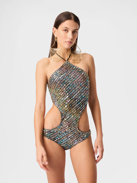 Trikini with halterneck neckline and sequins, Multicoloured  - MS26SP1CBC0066SMSNT