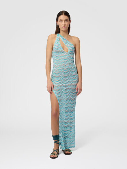 Asymmetric cover-up dress in shaded lam&eacute; viscose, White & Light Blue - MS26SQ07BR014HS72PQ