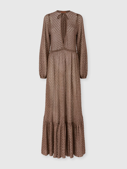 Langes Strandkleid aus Lam&eacute;-Viskose mit Spinnennetz-Motiv und Volants, Braun - MS26SQ0LBR014DS80EE