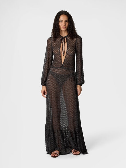 Abito copricostume lungo in viscosa lam&eacute; motivo ragnatela con balze, Marrone - MS26SQ0LBR014DS80EF