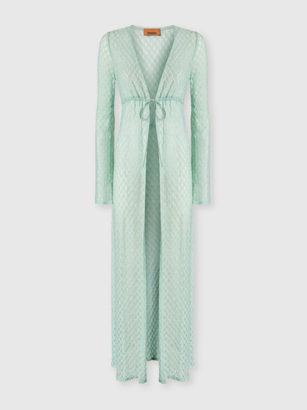 Langer Cardigan aus Lam&eacute;-Viskose mit Spinnennetz-Motiv, Hellblau - MS26SQ0SBR014DS615Z