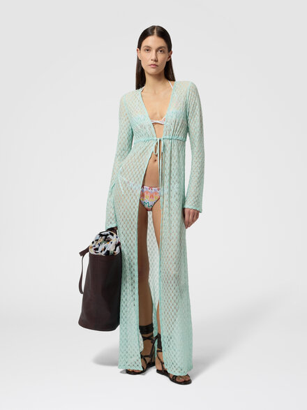 Langer Cardigan aus Lam&eacute;-Viskose mit Spinnennetz-Motiv, Hellblau - MS26SQ0SBR014DS615Z