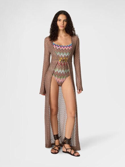Long cardigan in lamé viscose with spiderweb motif, Brown - MS26SQ0SBR014DS80EE